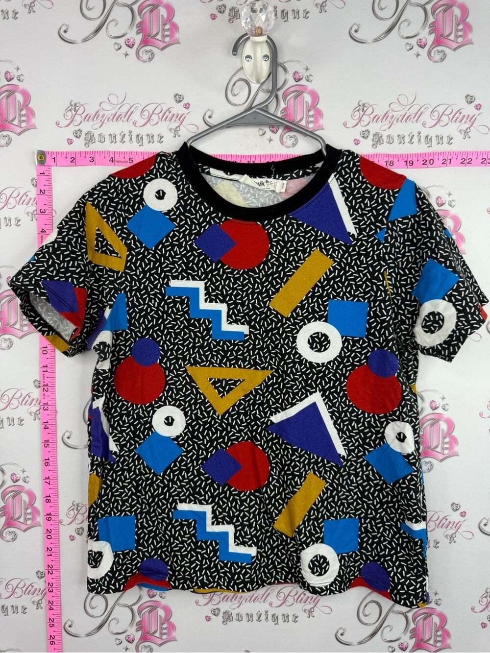 twik Black Geometric Print Tee with Red, Blue, Gold & White Shapes